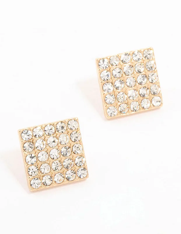 Women’s twisted hoop earrings-Gold Square Pave Diamante Stud Earrings