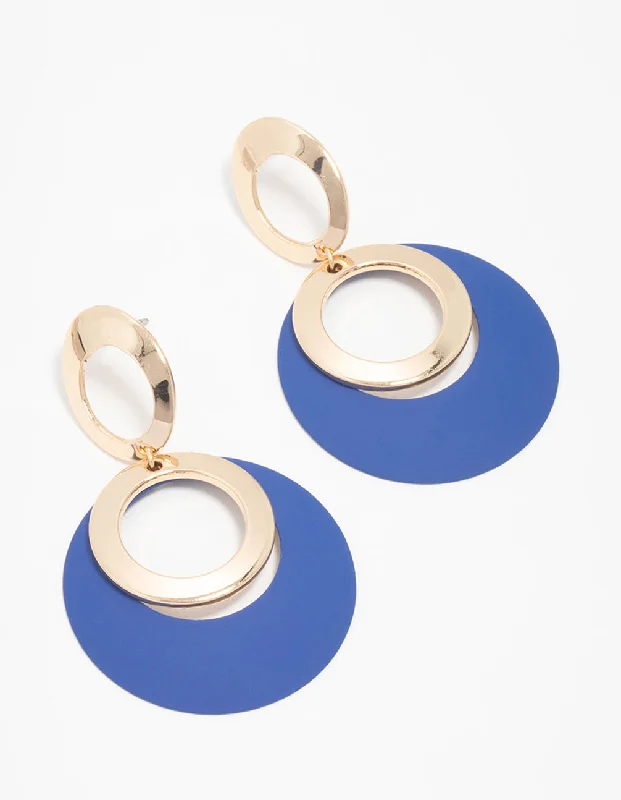 Women’s clip-on diamond earrings-Gold Blue Circular Drop Earrings