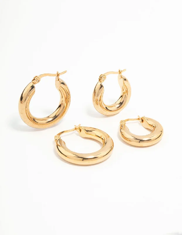 Women’s teardrop earrings-Waterproof Gold Plated Stainless Steel Tube Hoop Earrings 2-Pack