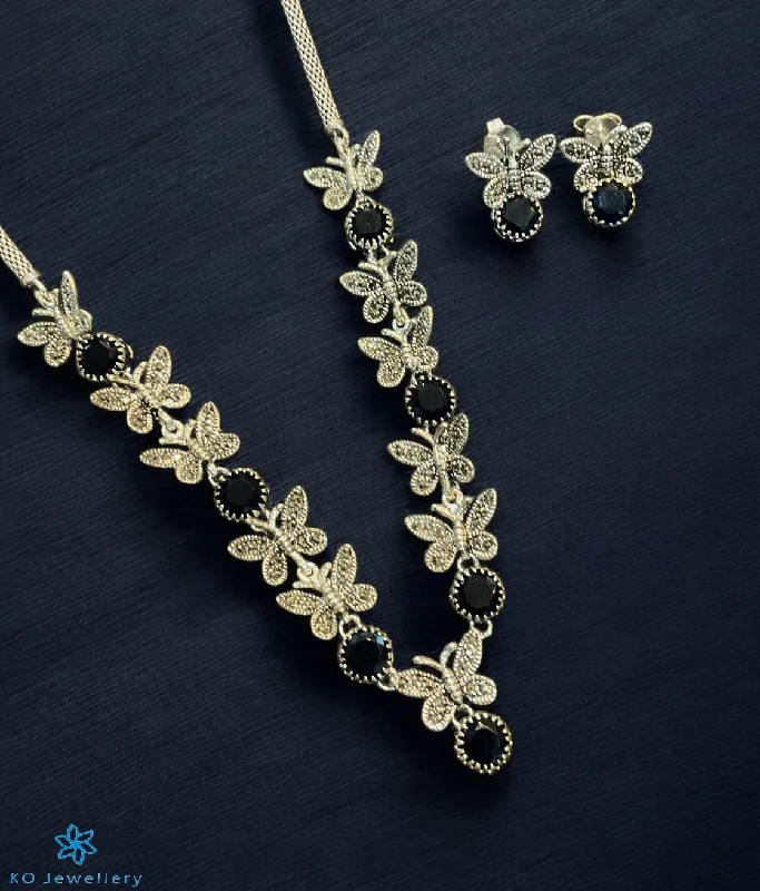 Women’s necklaces with heart-shaped stones-The Exquisite Butterfly Silver Marcasite Necklace & Earrings