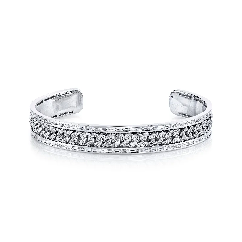 Women’s crystal bracelets-READY TO SHIP MEN'S DIAMOND PAVE MINI LINK BANGLE W/ BAGUETTE BORDER