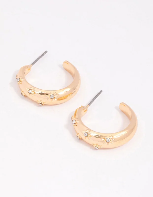 Custom women’s earrings-Gold Diamante Star Puffy Hoop Earrings