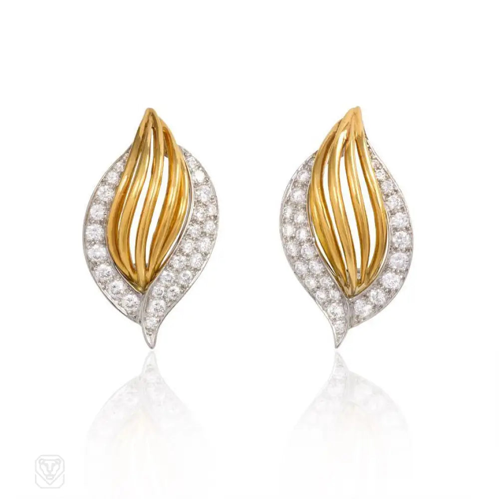 Women’s stud earrings-Gold wirework and pavé diamond earrings, Oscar Heyman