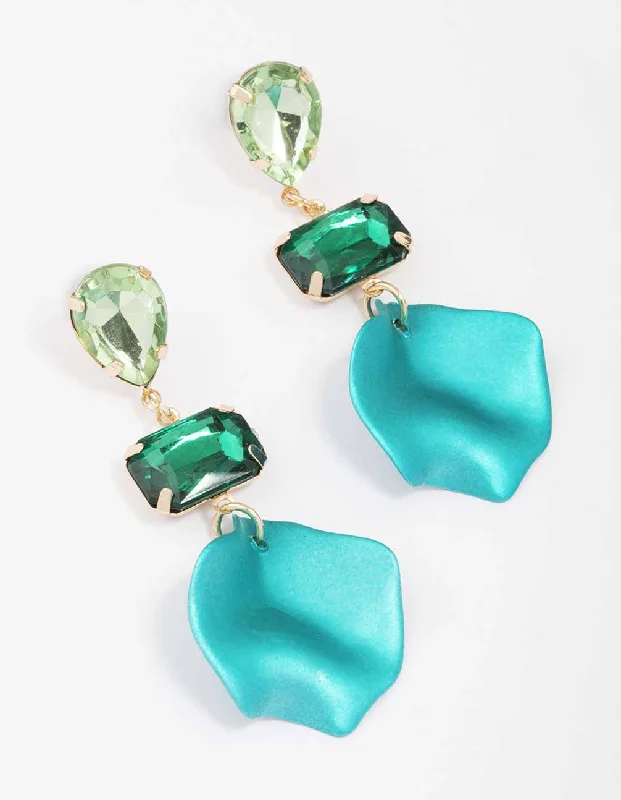 Women’s rhinestone earrings-Teal Pear & Rectangle Diamante Petal Drop Earrings