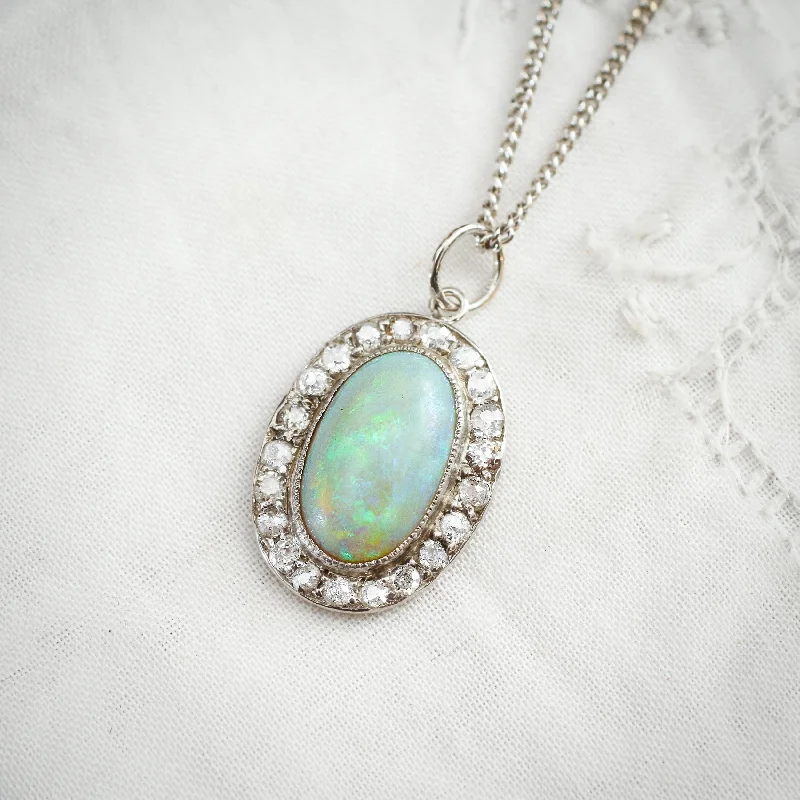 Unique gold necklaces for women-Rare Lovely! Vintage Crystal Opal and Diamond Cluster Pendant