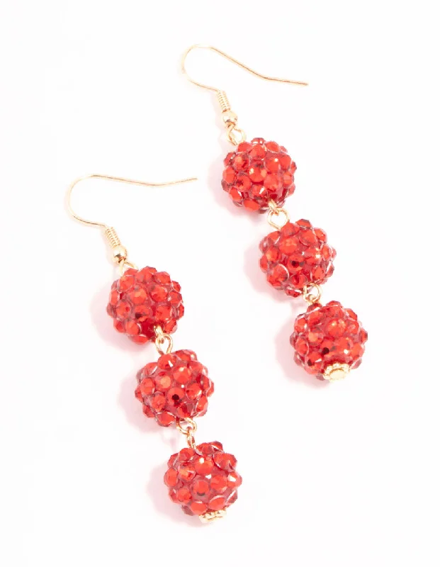 Women’s sterling silver earrings-Red Diamante Shambala Ball Gold Drop Earrings