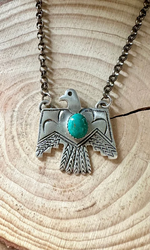 Fashionable necklaces for women-THUNDERBIRD Native Sterling Silver & Turquoise Necklace Pendant • 18g