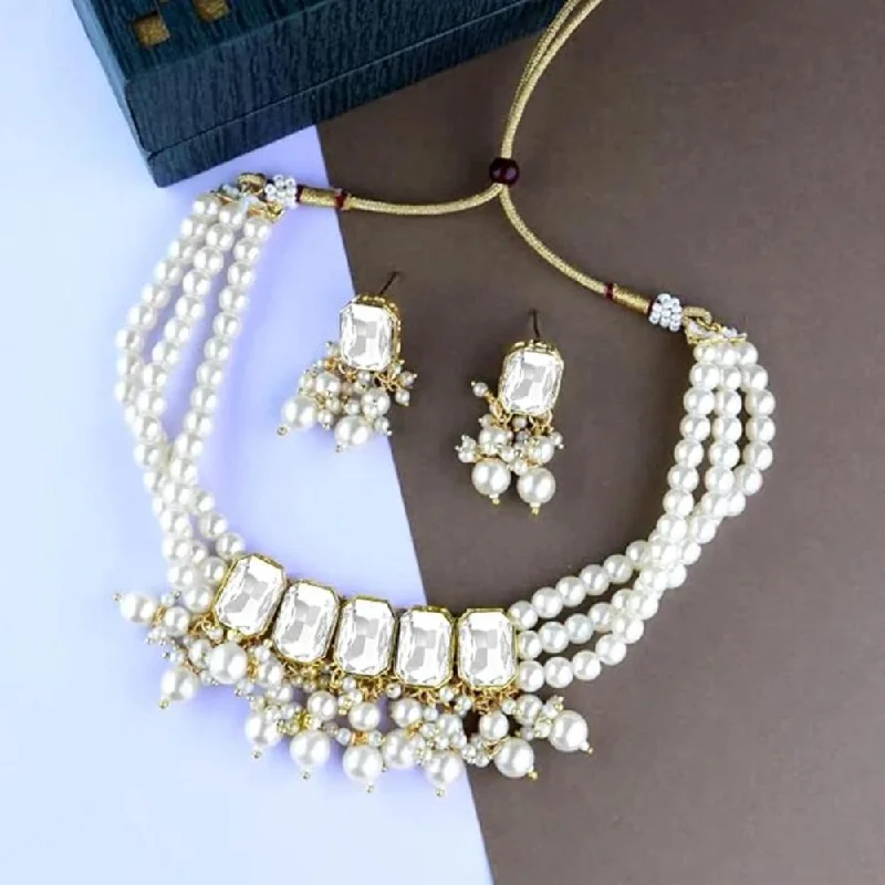 Women’s layered necklaces-Etnico Gold Plated Traditional White Stone Studded Multi Layered White Pearl Choker Necklace Jewellery Set with Earrings for Women And Girls (IJ355W)