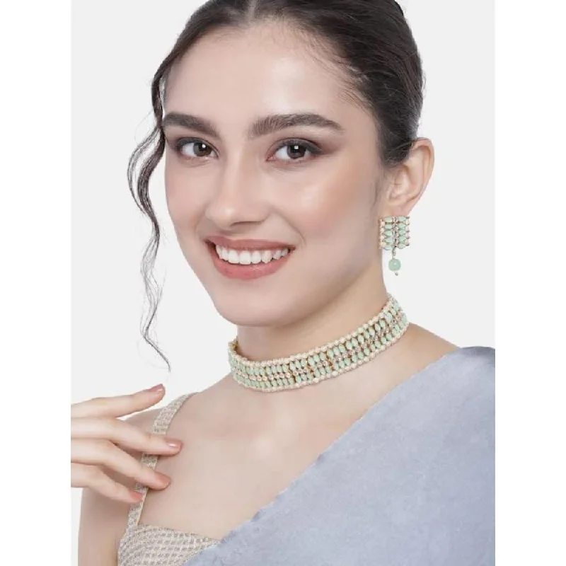 Custom pendant necklaces for women-Etnico Gold Plated Traditional Kundan Pearl Choker Necklace Jewellery Set For Women And Girls (K7209) (Mint)