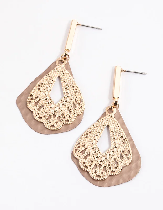 Women’s square-shaped earrings-Brown Triangular Ornate Drop Earrings