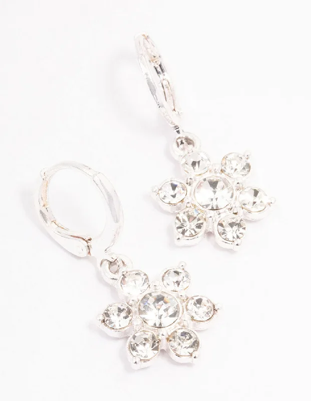 Women’s silver drop earrings-Silver Diamante Flower Drop Huggie Earrings