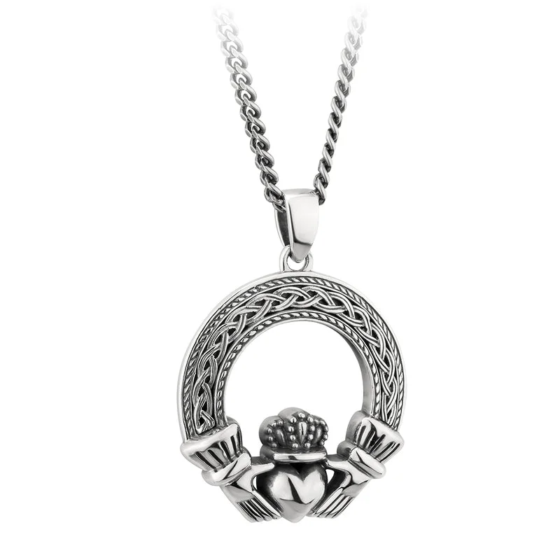 Women’s necklaces with tassels-Gents Celtic Silver Oxidised Claddagh Pendant