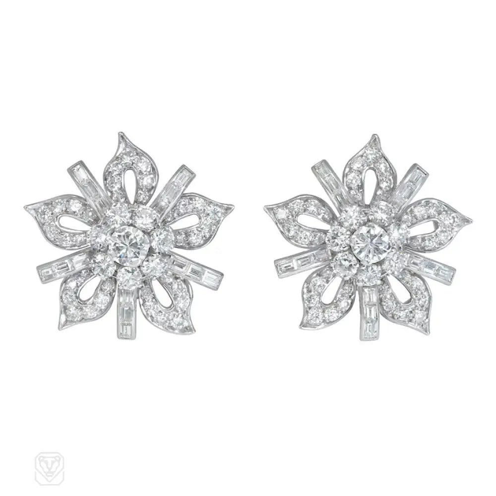 Women’s sterling silver hoops-Diamond flower head earrings