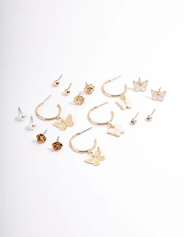 Women’s geometric stud earrings-Gold Mixed Butterfly Garden Earrings 8-Pack