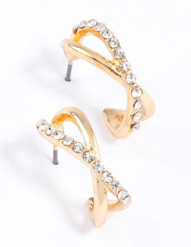 Women’s gemstone hoop earrings-Gold Interlaced Diamante Hoop Earrings & Polishing Set