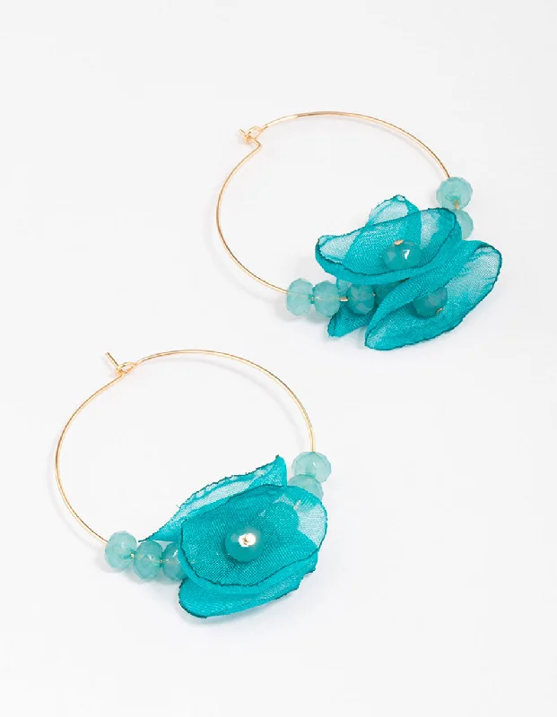 Women’s statement earrings-Gold & Blue Flower Beaded Hoop Earrings