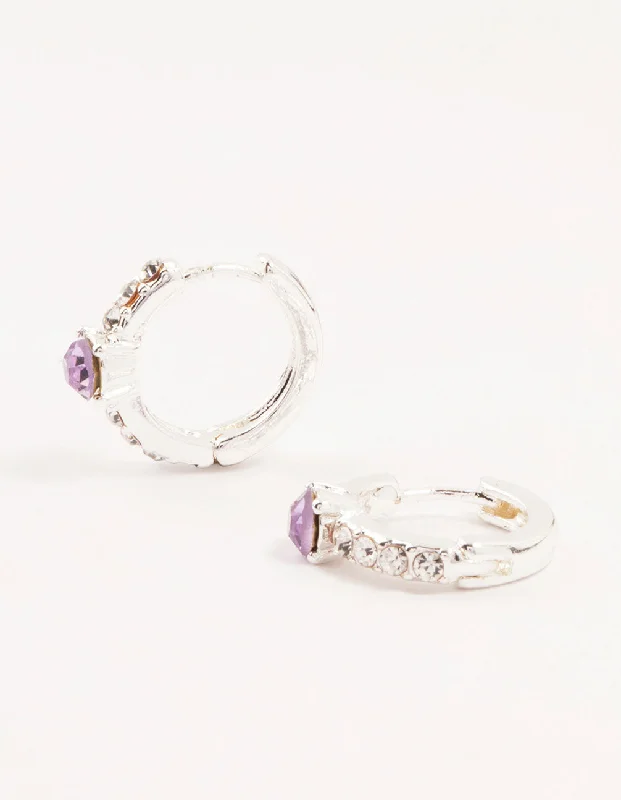 Women’s colored gemstone earrings-Silver Circular Purple Bohemia Czech Crystal  & Diamante Huggie Earrings