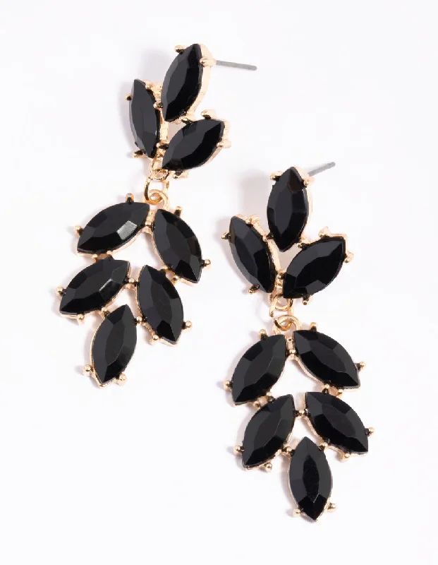 Personalized earrings for women-Black Stone & Leaf Drop Earrings