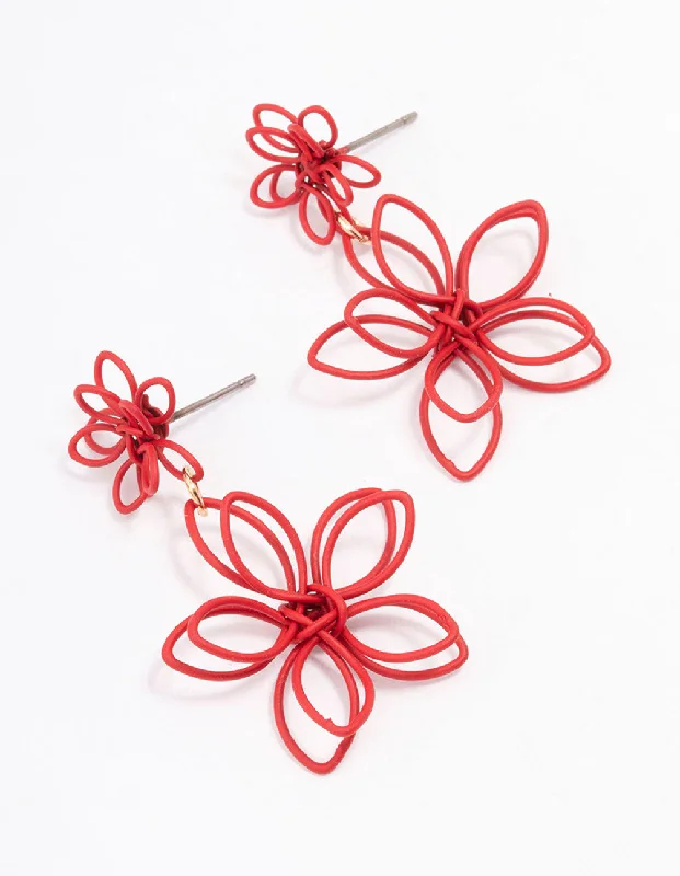 Boho-style earrings for women-Red Wire Flower Drop Earrings