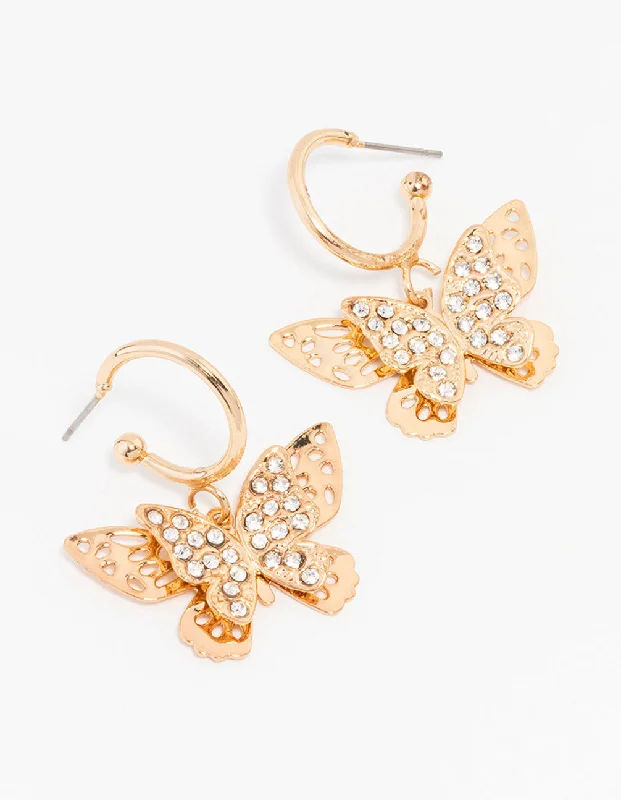 Classic women’s earrings-Gold Diamante Butterfly Hoop Drop Earrings