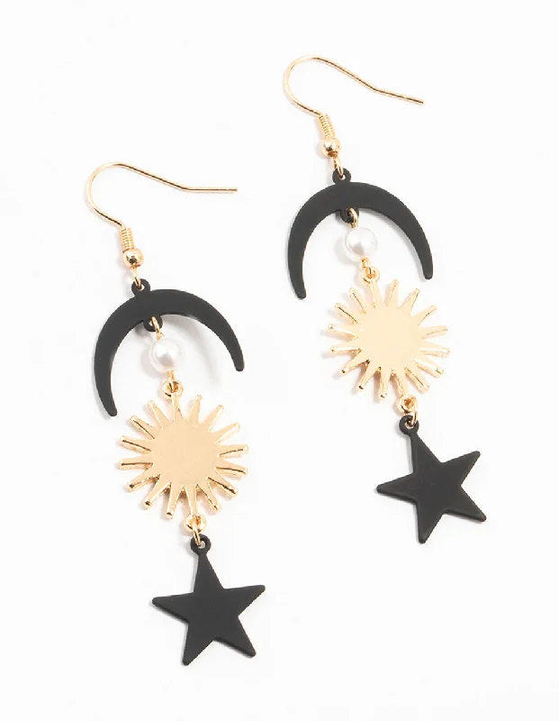 Women’s hoop earrings-Gold & Black Crescent & Star Pearl Drop Earrings