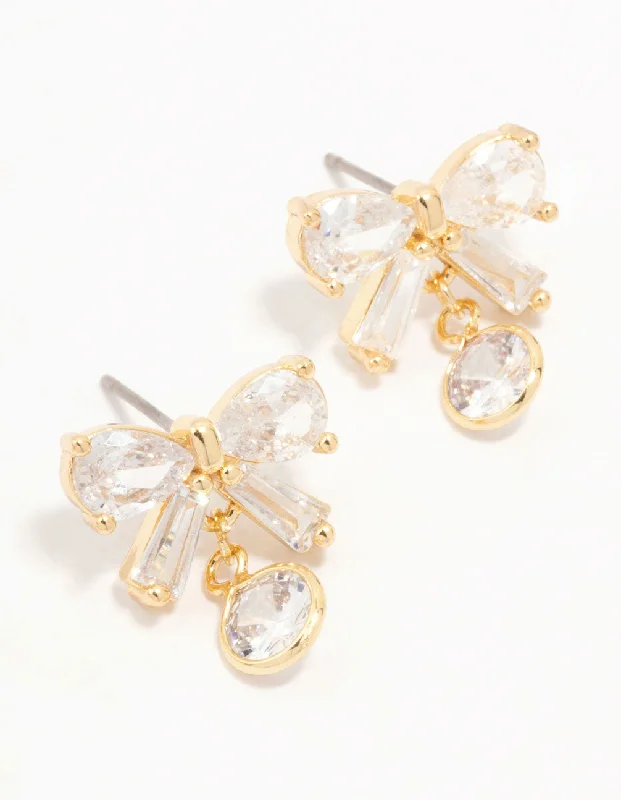 Women’s gold dangly earrings-Real Gold Plated Cubic Zirconia Bow & Round Drop Earrings