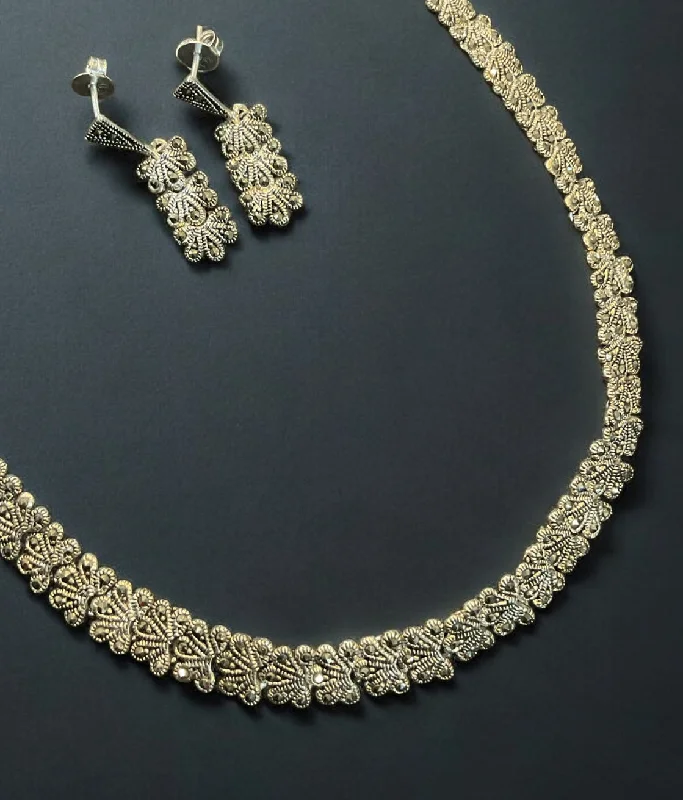 Women’s diamond and sapphire necklaces-The Luxurious Luster Silver Marcasite Necklace & Earrings