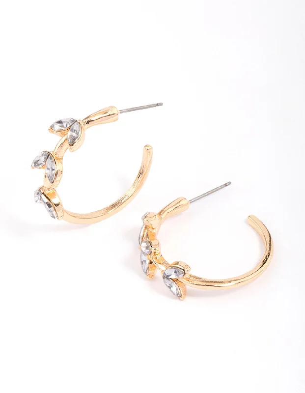 Women’s handmade earrings-Gold Diamante Vine Leaf Hoop Earrings