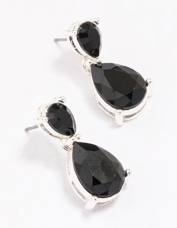 Custom-made earrings for women-Silver Black Stone Teardrop Earrings