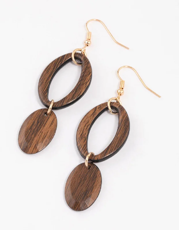 Women’s twisted hoop earrings-Gold Open Oval Wooden Drop Earrings