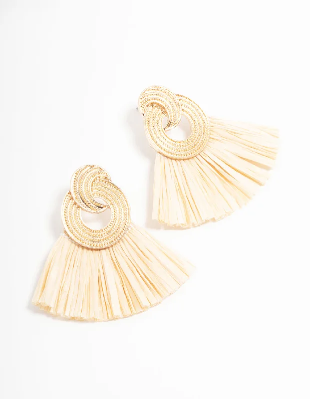 Women’s multi-colored earrings-Gold Raffia Fan Drop Earrings