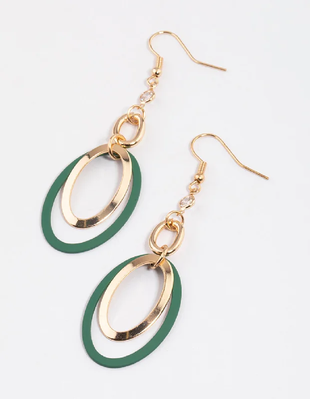 Women’s long dangling earrings-Green Coated Open Circle Drop Earrings