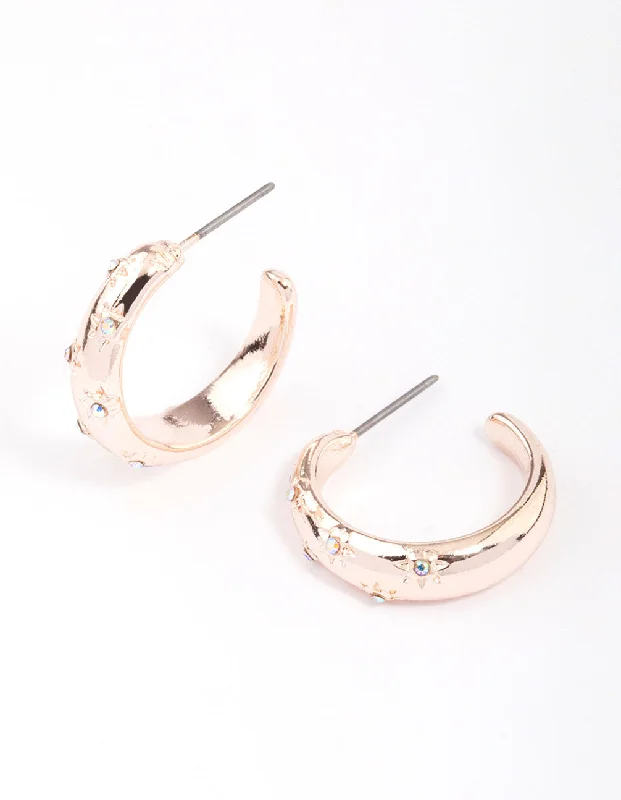 Custom gold earrings for women-Rose Gold Diamante Star Puffy Hoop Earrings