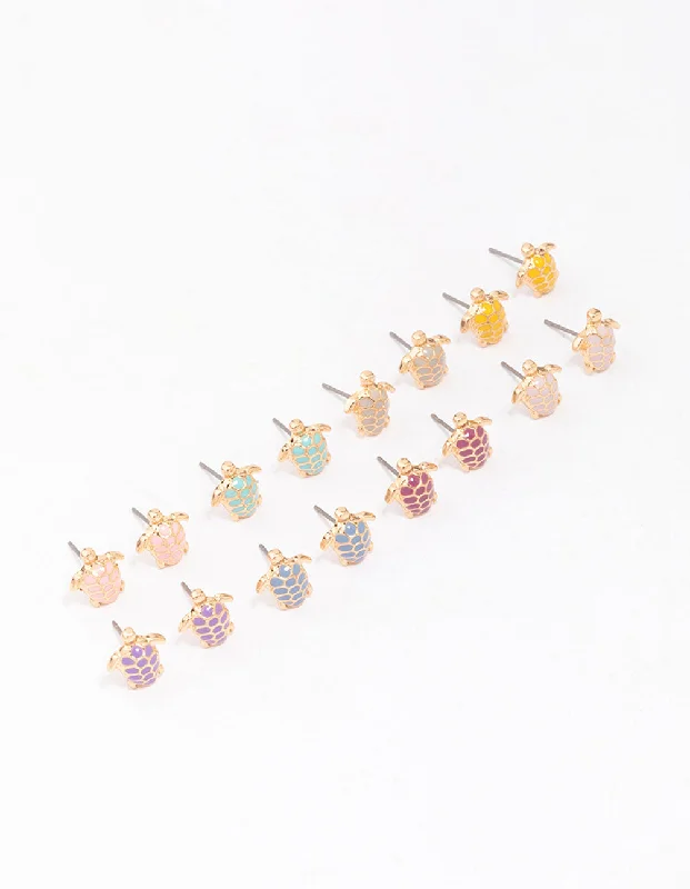 Custom gold earrings for women-Gold Multi-Coloured Turtle Stud Earring 8-Pack