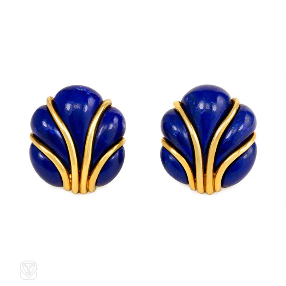 Women’s modern stud earrings-Gold and lapis clip earrings, Verdura