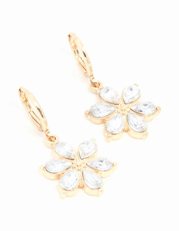 Women’s drop earrings-Gold Diamante Flower Clicker Drop Earrings