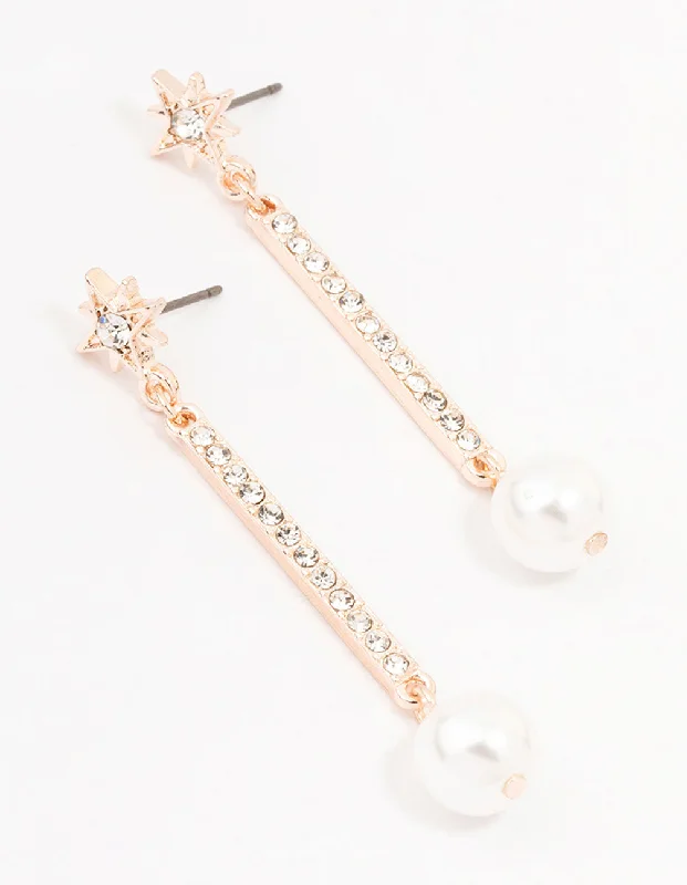 Women’s playful earrings-Rose Gold Celestial Pearl Drop Earrings