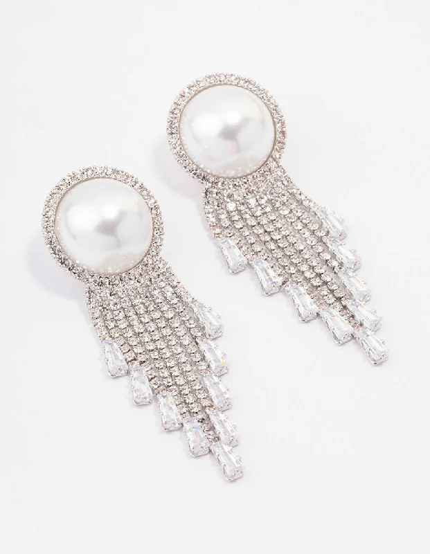 Women’s small hoop earrings-Silver Oversized Pearl Cup Chain Diamante Earrings