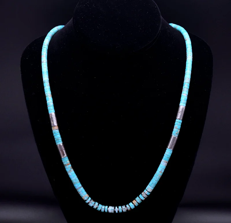 Stylish women’s necklaces-Vintage Handmade Turquoise and Sterling Silver Beaded Necklace - 28"