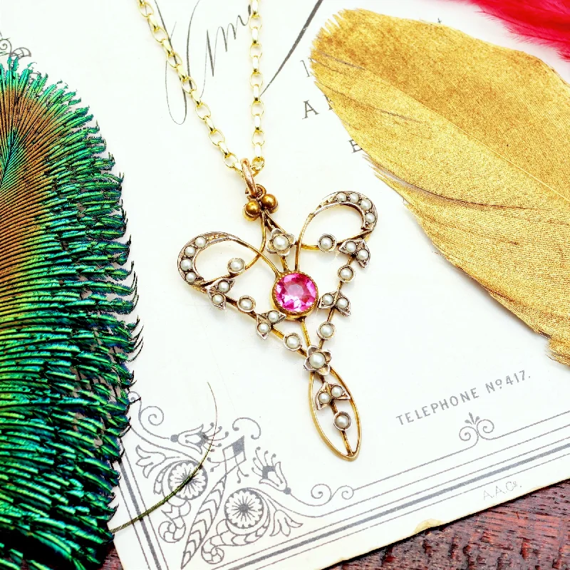 Women’s necklaces with spiritual gemstones-Edwardian Seed Pearl & Pink Paste Pendant & Chain