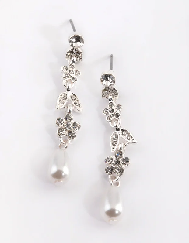 Women’s hoop earrings-Silver Floral Pearl Drop Earrings