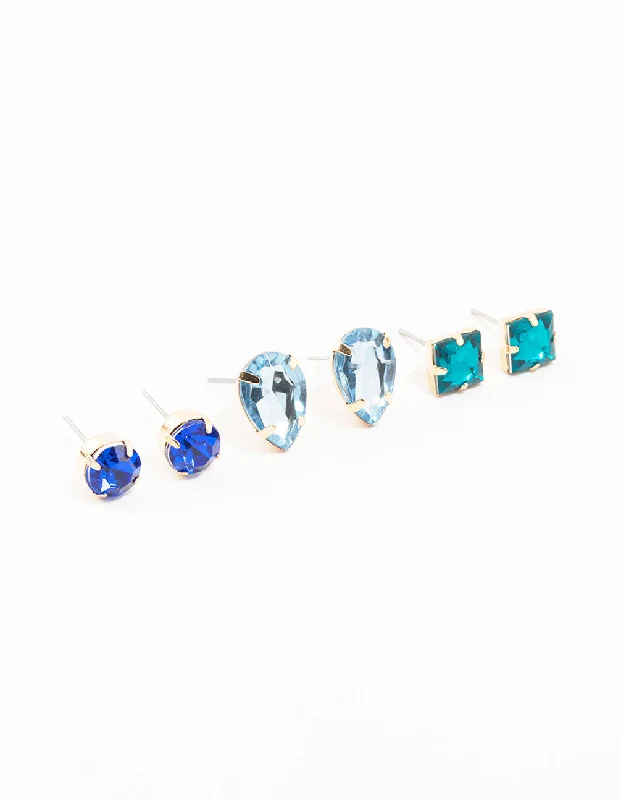 Women’s chandelier earrings-Blue Square, Pear & Circle Gold Stud Earrings 3-Pack