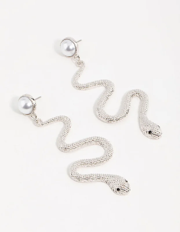 Women’s fashionable stud earrings-Silver Pearl Snake Drop Earrings