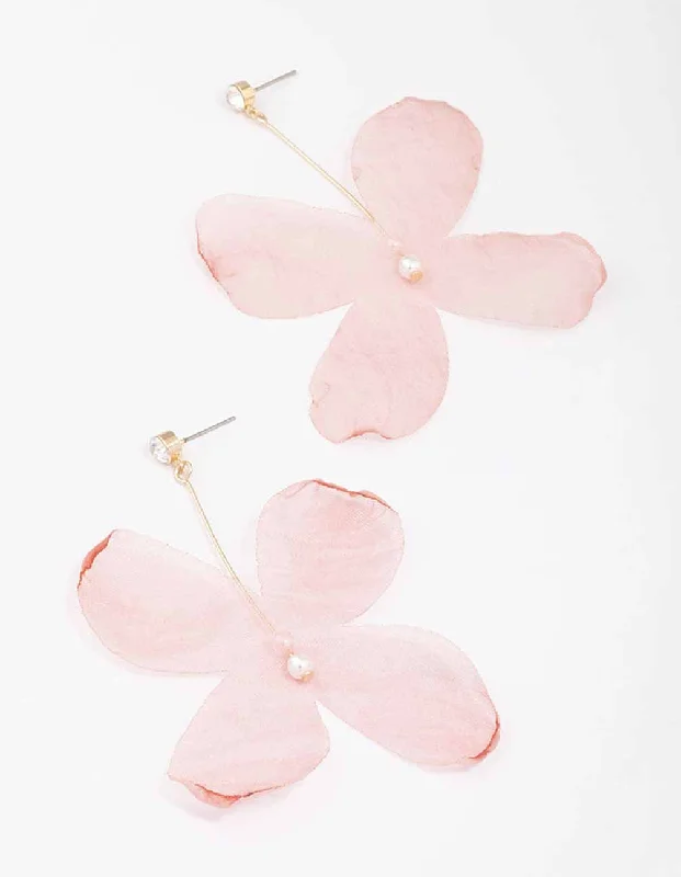 Trendy earrings for women-Pink Diamante & Pearl Fabric Flower Drop Earrings