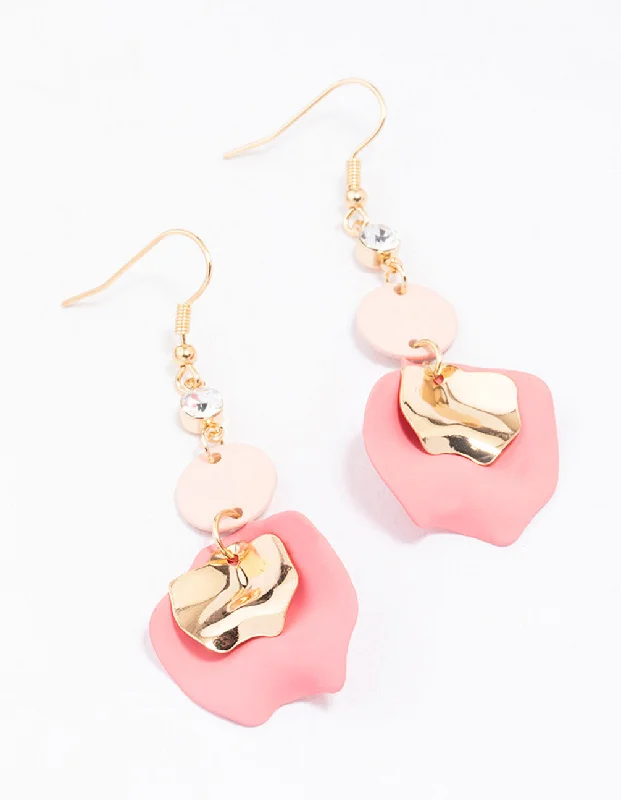 Women’s gemstone hoop earrings-Gold & Blush Diamante Petal Drop Earrings