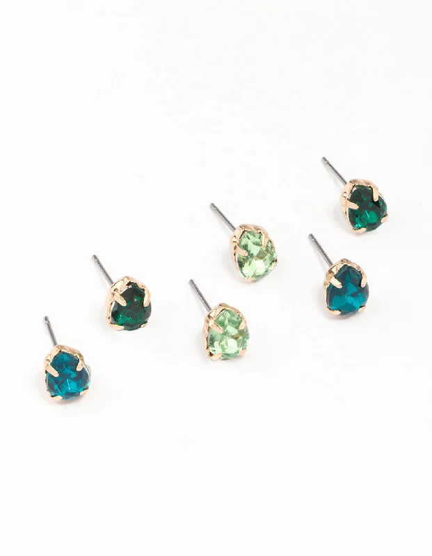 Women’s silver drop earrings-Gold & Green Pear Diamante Stud Earring 3-Pack