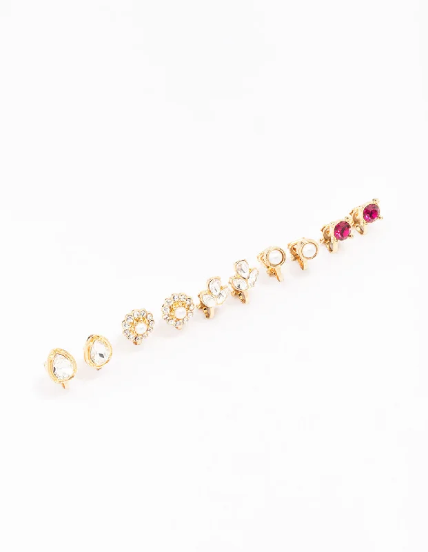 Women’s delicate gemstone earrings-Gold Jewel Stone Clip On Earring 5-Pack