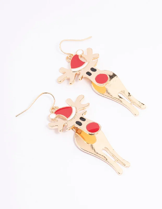 Elegant sapphire earrings for women-Gold Red-Nosed Reindeer Drop Earrings