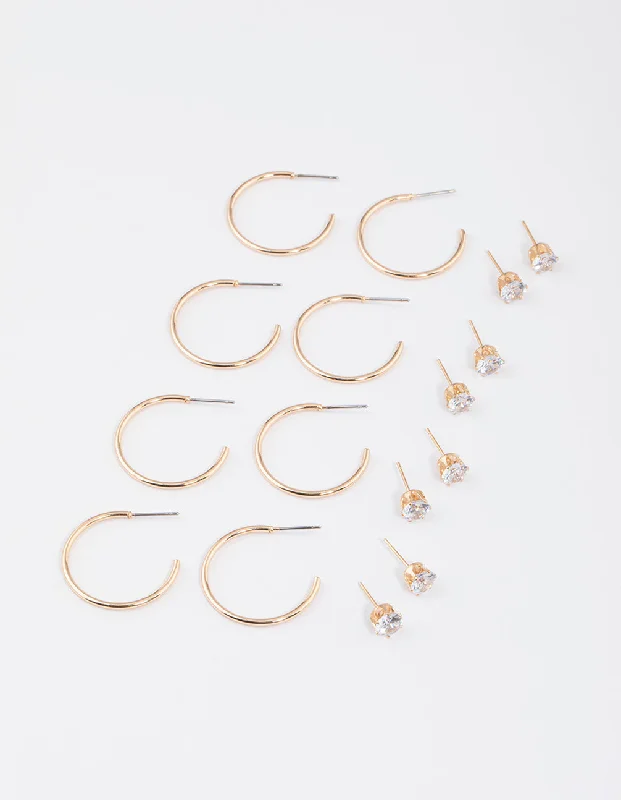 Affordable diamond earrings for women-Gold Classic Diamante & Hoop Earrings 8-Pack