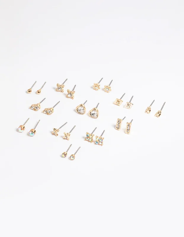 Women’s silver earrings-Gold Diamante Stud Earring 12-Pack